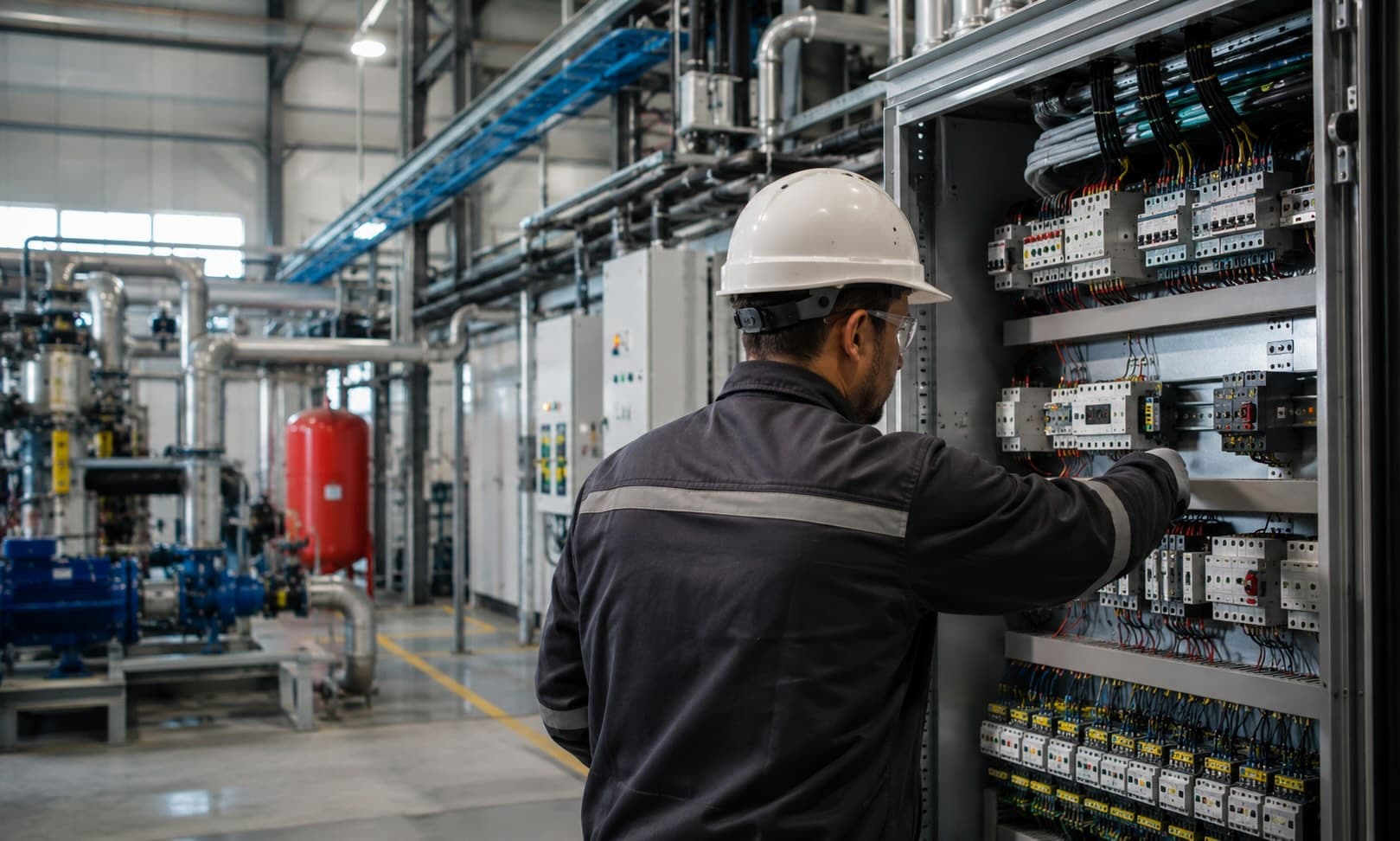 Hombre con casco y protección manipulando una instalación eléctrica industrial